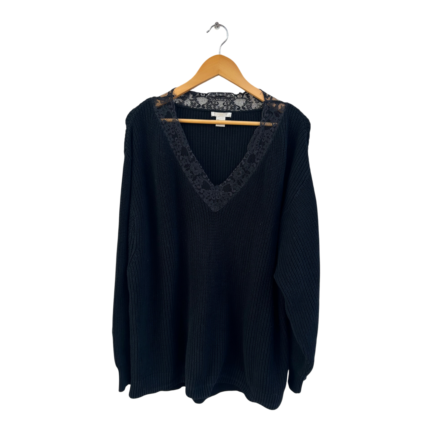 H&M Pullover Damen Gr L Schwarz Baumwollmix Strick Spitze Oversize Elegant