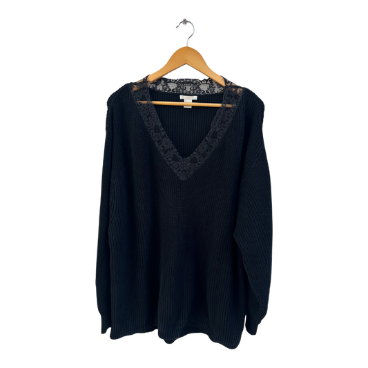 H&M Pullover Damen Gr L Schwarz Baumwollmix Strick Spitze Oversize Elegant