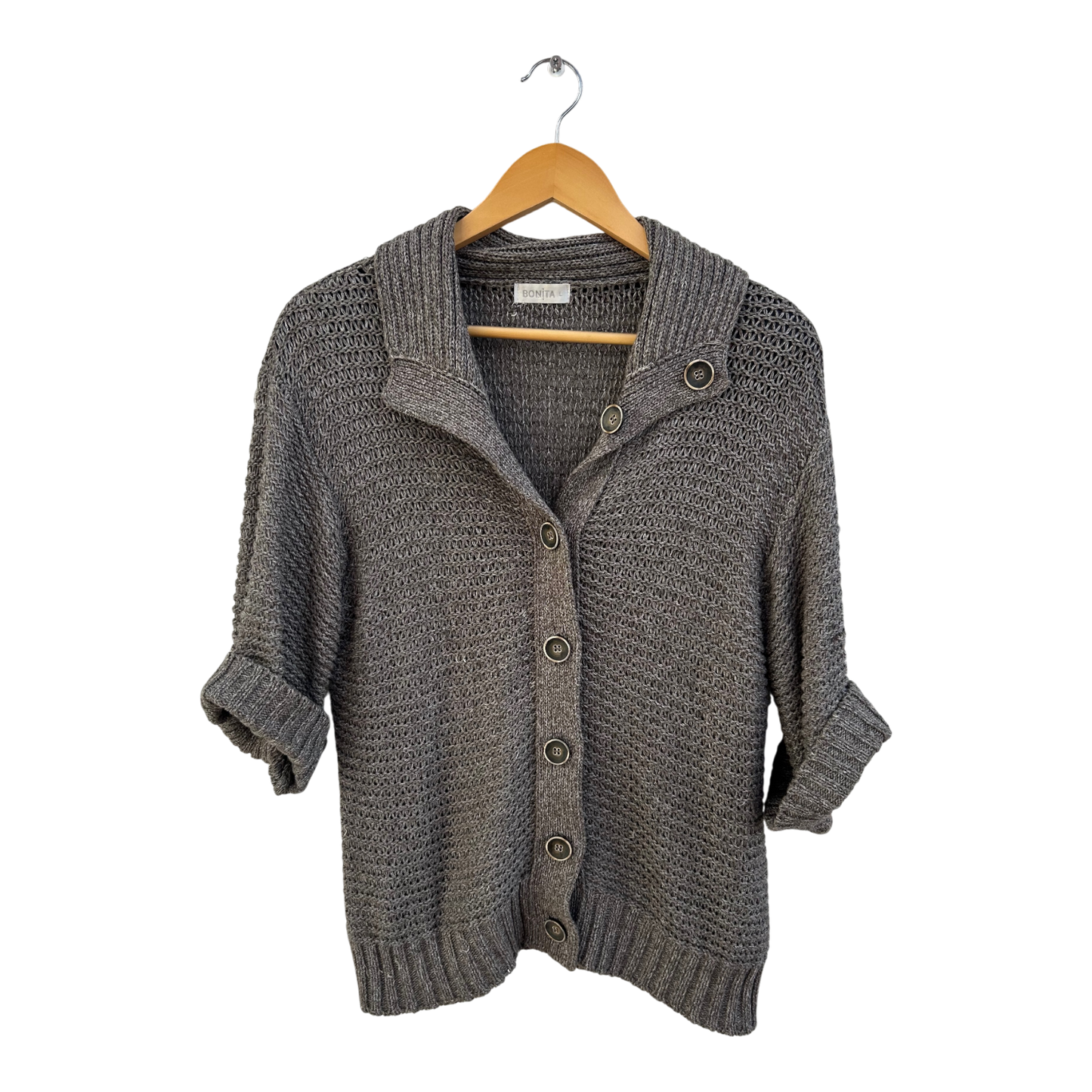 Bonita Strickjacke Damen Gr L Braun Kurzarm Baumwollmix Struktur Strick Elegant