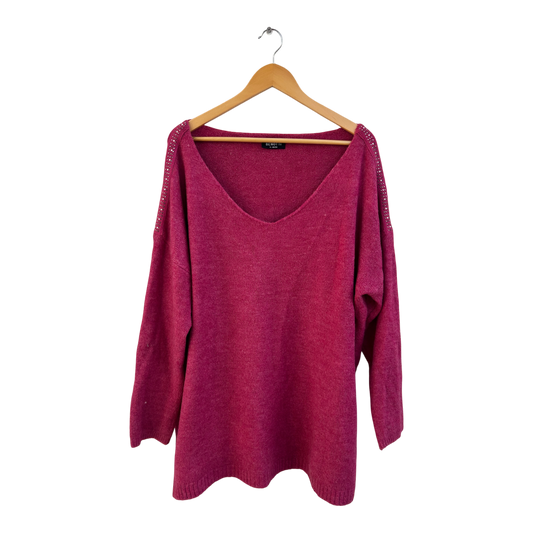 Gina Benotti Pullover Damen Gr XL Pink Strass V-Ausschnitt Feinstrick Elegant