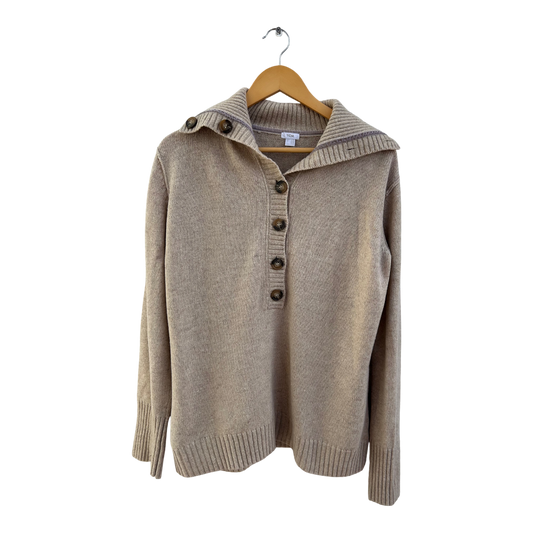 TCM Pullover Damen Gr 44 Beige Schurwolle Polyacryl Kragen Knöpfe Klassisch Warm