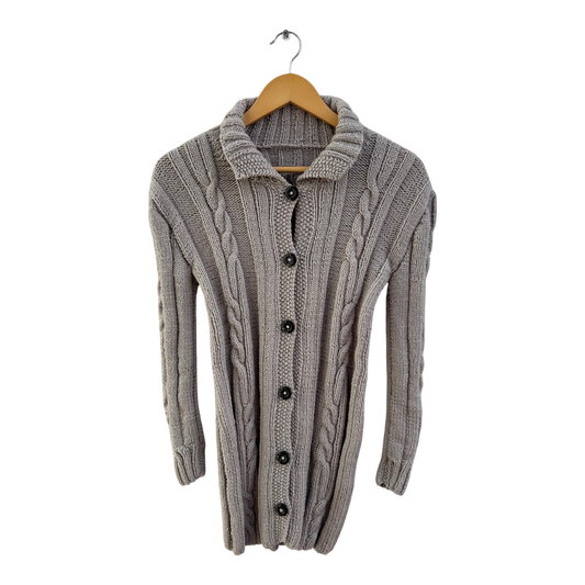 Strickjacke Damen Gr 34 Beige Lang Zopfmuster Grobstrick Knöpfe Elegant Winter