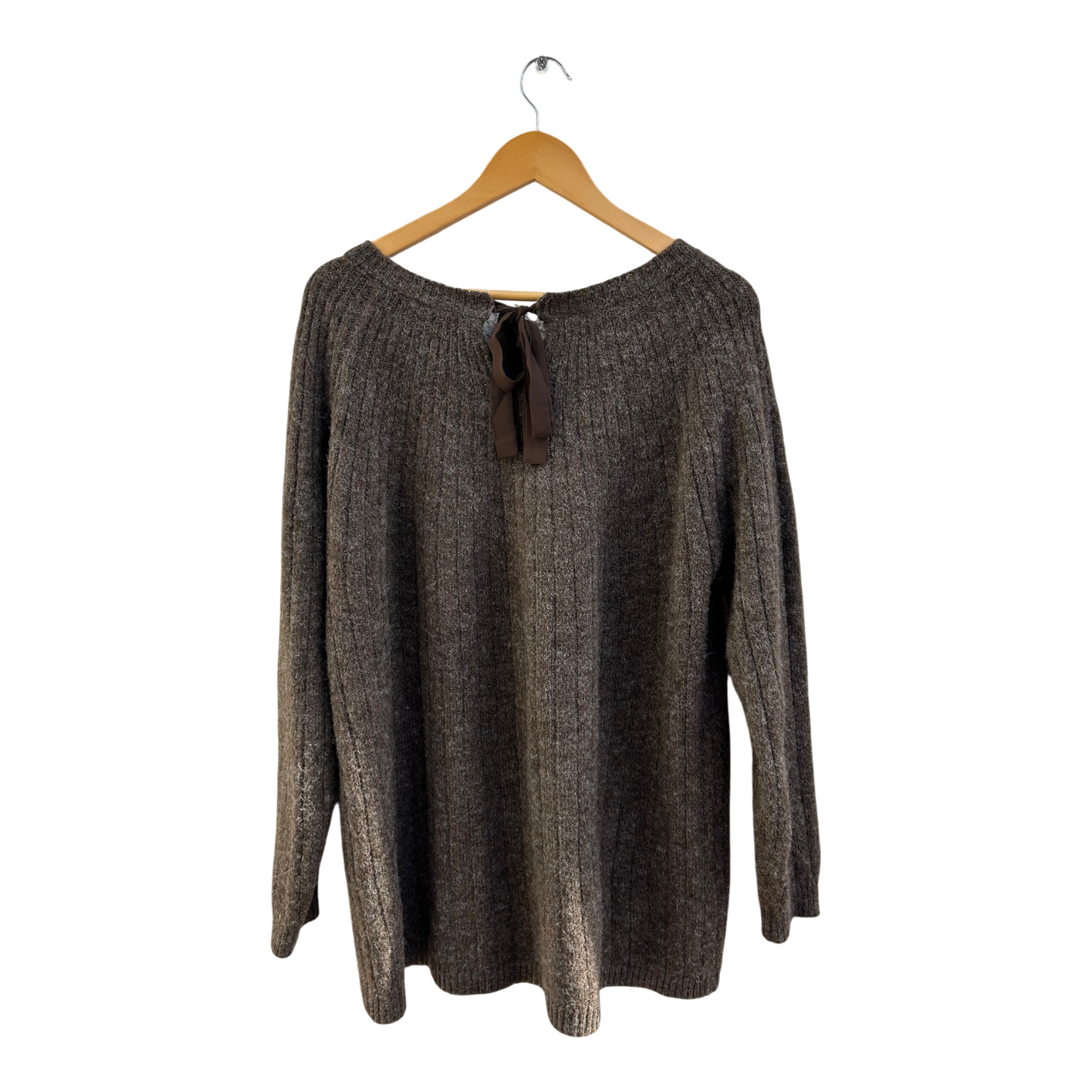 Gina Pullover Damen Gr XL Braun Meliert Wollmix Schleife Rücken Grobstrick Winter