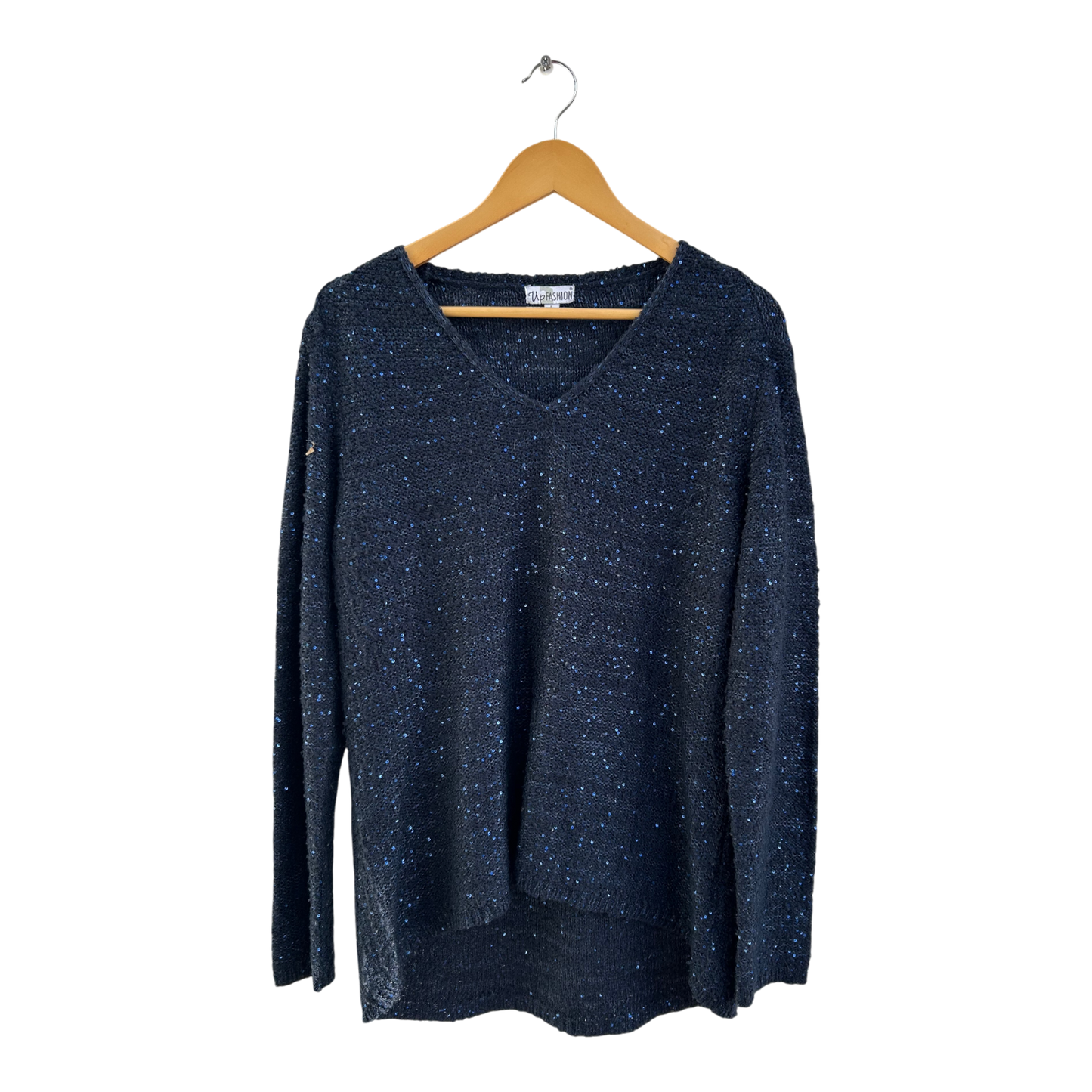 Up Fashion Pullover Damen Gr L Dunkelblau Glitzer Pailletten Elegant Langarm