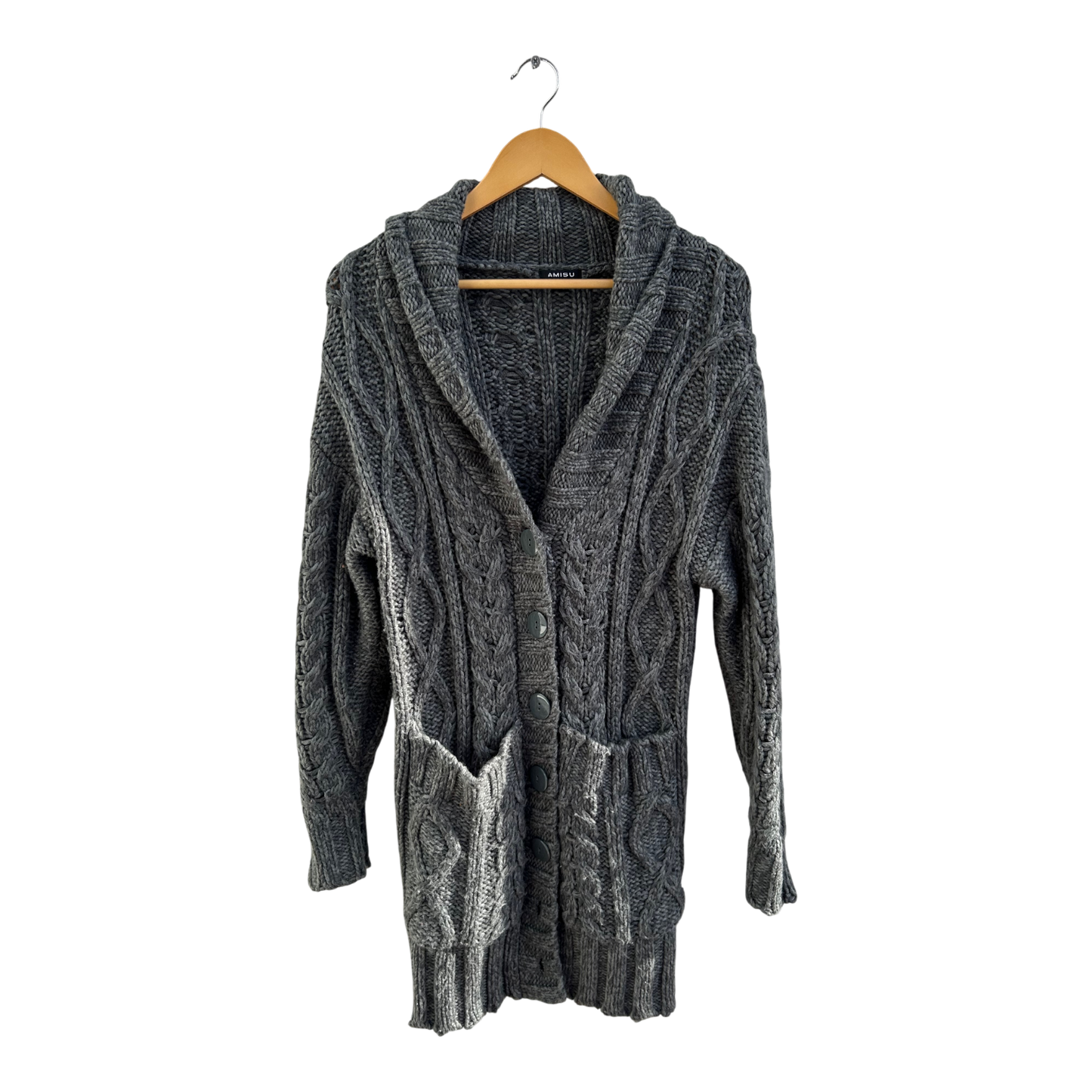 Amisu Strickmantel Damen Gr S Grau Grobstrick Zopfmuster Langarm Taschen Elegant