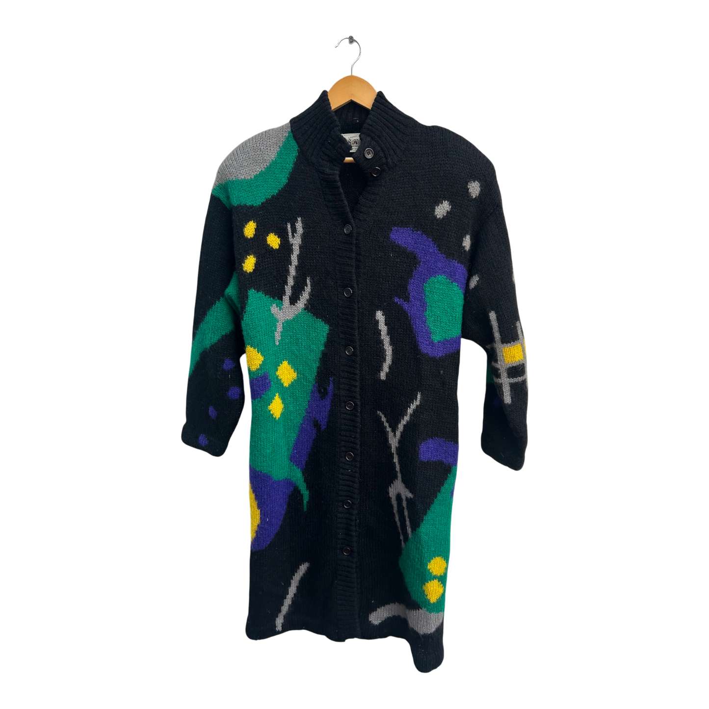 S.K.V.T. Mantel Damen Gr M Schwarz Bunt Wollstoff Vintage 80er Schulterpolster