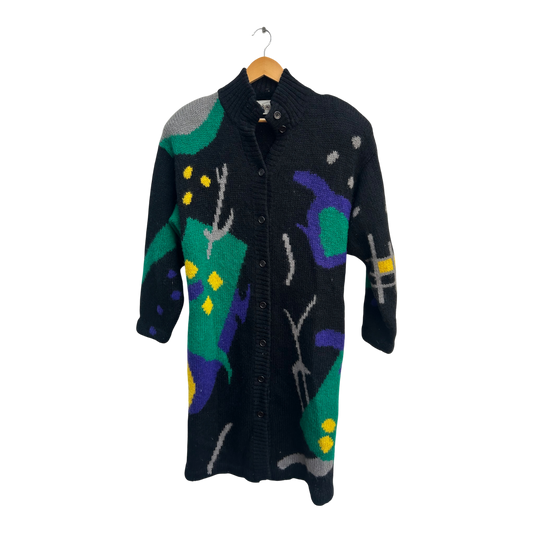 S.K.V.T. Mantel Damen Gr M Schwarz Bunt Wollstoff Vintage 80er Schulterpolster