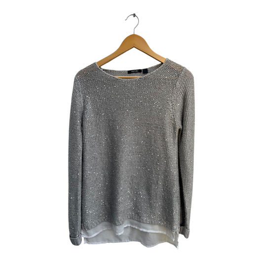 Esmara Pullover Damen Gr 38 Grau Glitzer Lagenlook Chiffon Elegant Langarm
