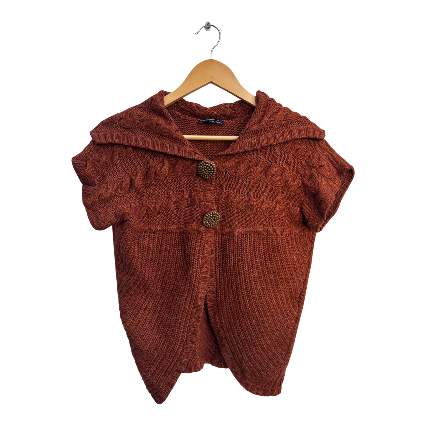 CPM Strickweste Damen Gr L Rostbraun Kurzarm Grobstrick Mit Kapuze Knöpfe