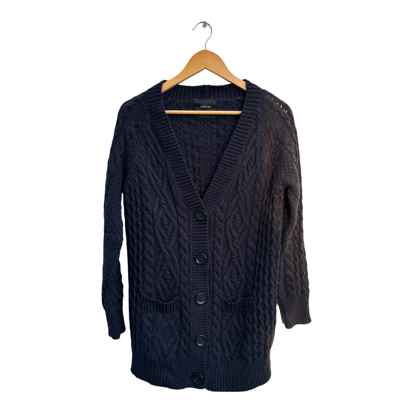 Zara Knit Strickjacke Damen Gr L Dunkelblau Wollmix Grobstrick Mit Taschen