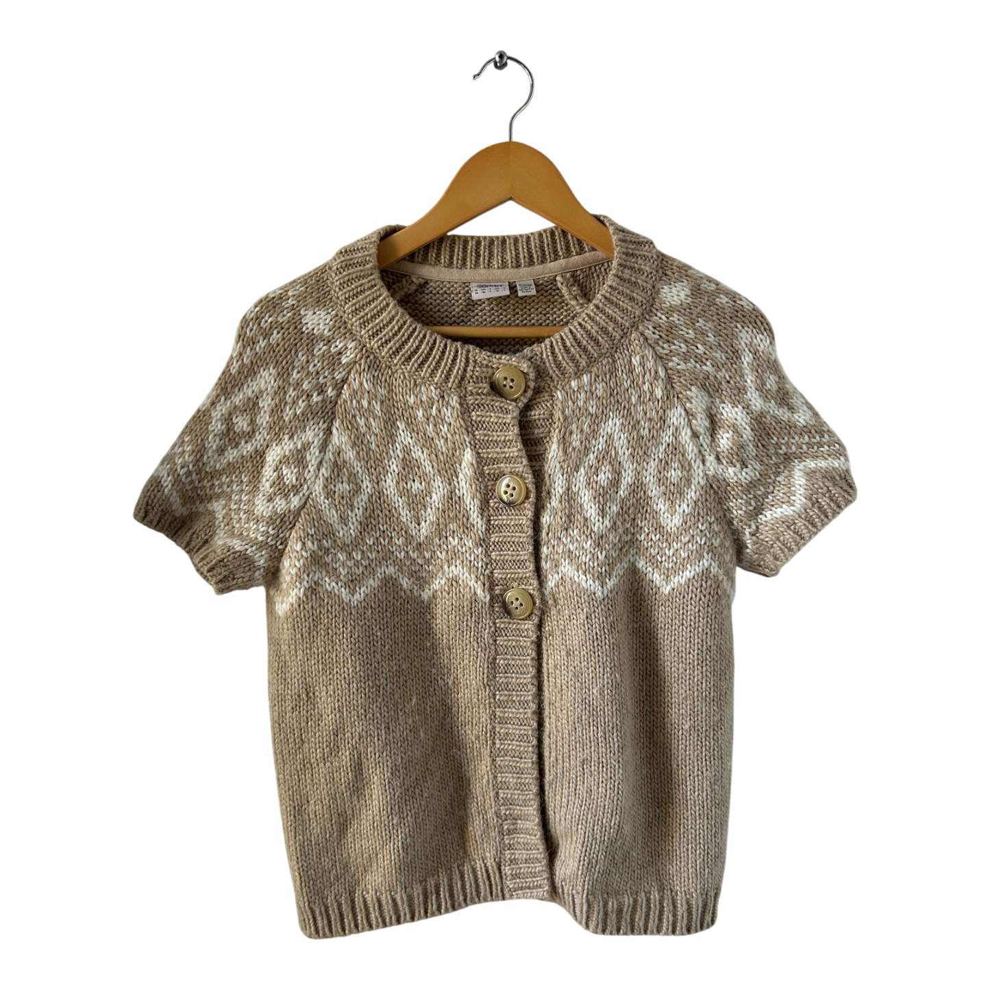 Esprit Strickjacke Damen Gr M Beige Wollmix Kurzarm Muster Knöpfe Alpaka