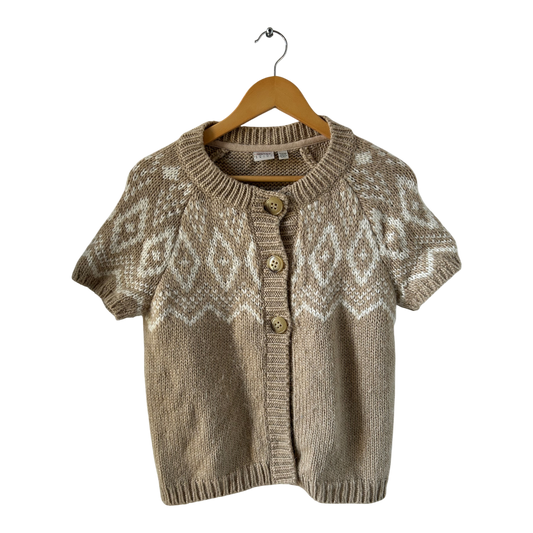 Esprit Strickjacke Damen Gr M Beige Wollmix Kurzarm Muster Knöpfe Alpaka