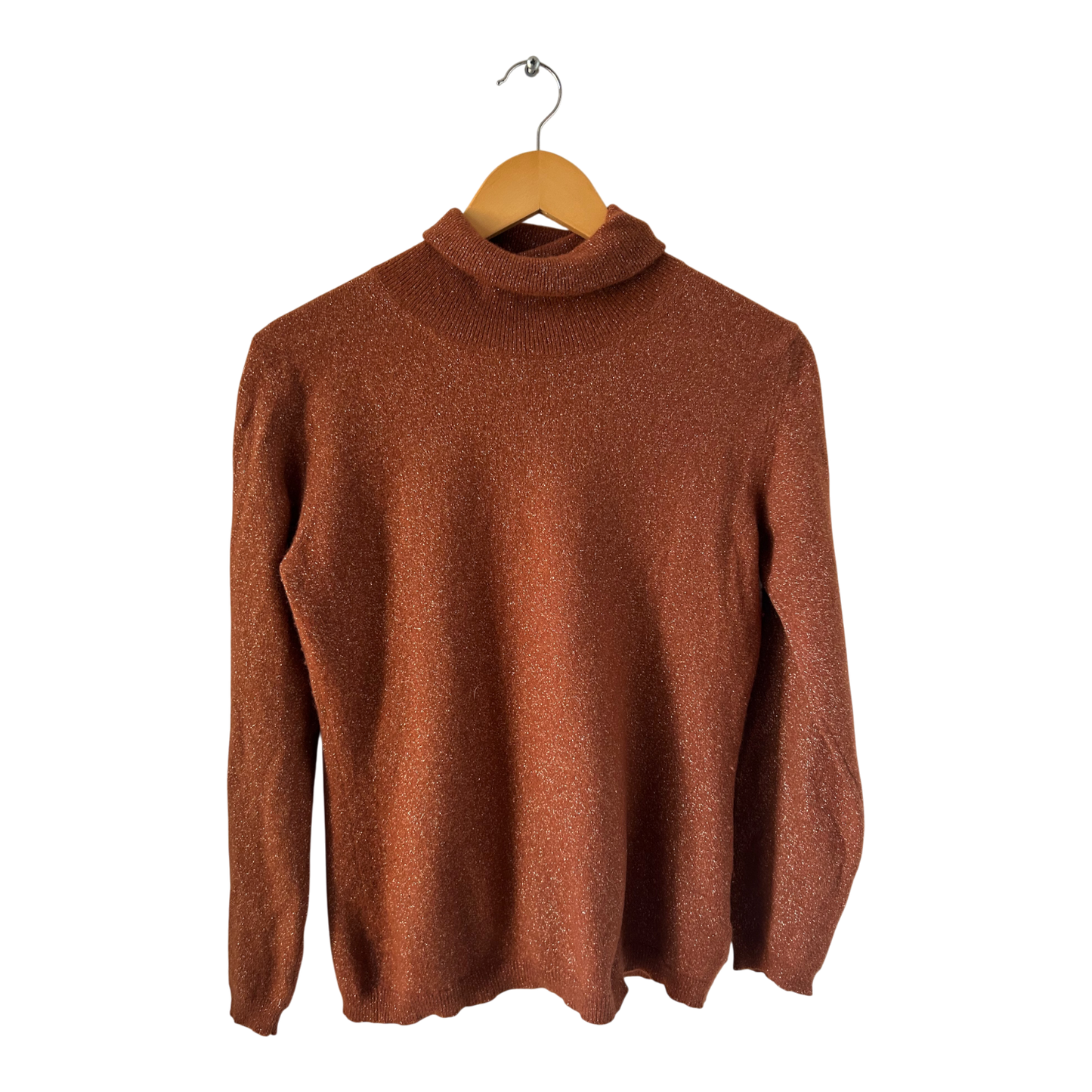 Vintage Rollkragenpullover Damen Gr M Kupfer Glitzer Stretch Wollmix Elegant