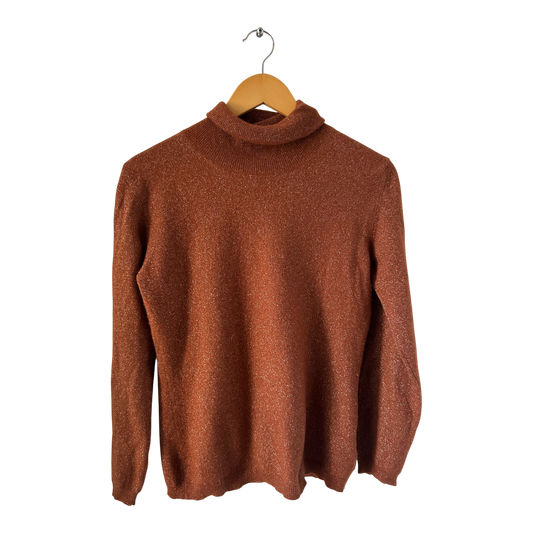 Vintage Rollkragenpullover Damen Gr M Kupfer Glitzer Stretch Wollmix Elegant