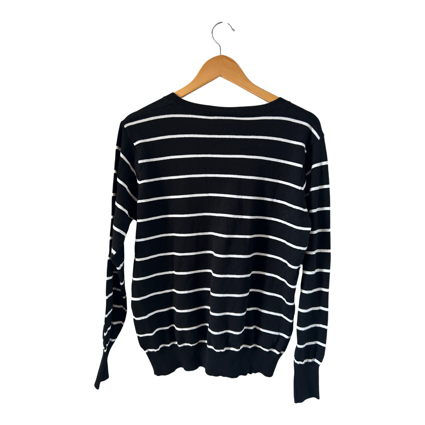 Yessica Pullover Damen L Schwarz Weiß Streifen Baumwolle V-Ausschnitt Neuware