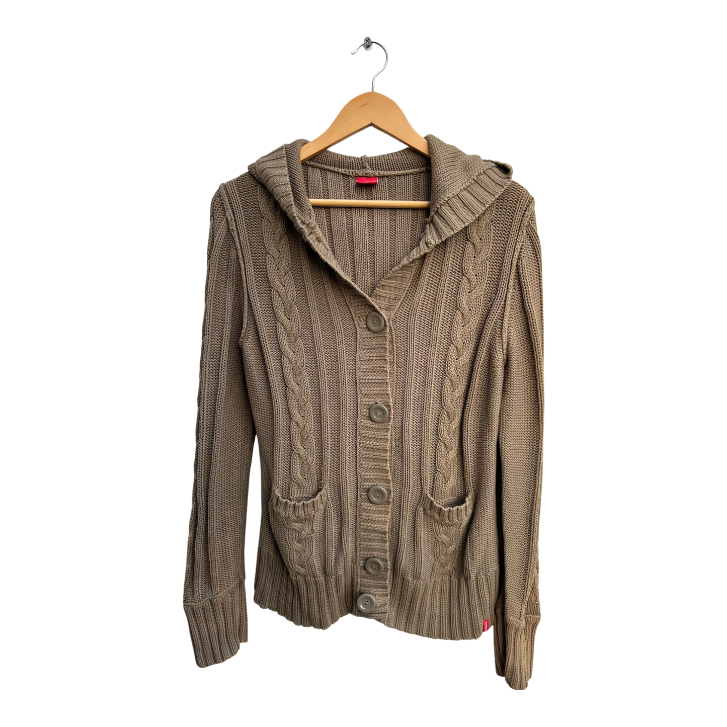 Manguun Strickjacke Damen Gr L Hellbraun Baumwolle Kapuze Zopfmuster Casual