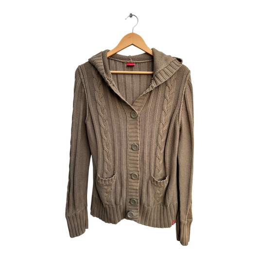 Manguun Strickjacke Damen Gr L Hellbraun Baumwolle Kapuze Zopfmuster Casual