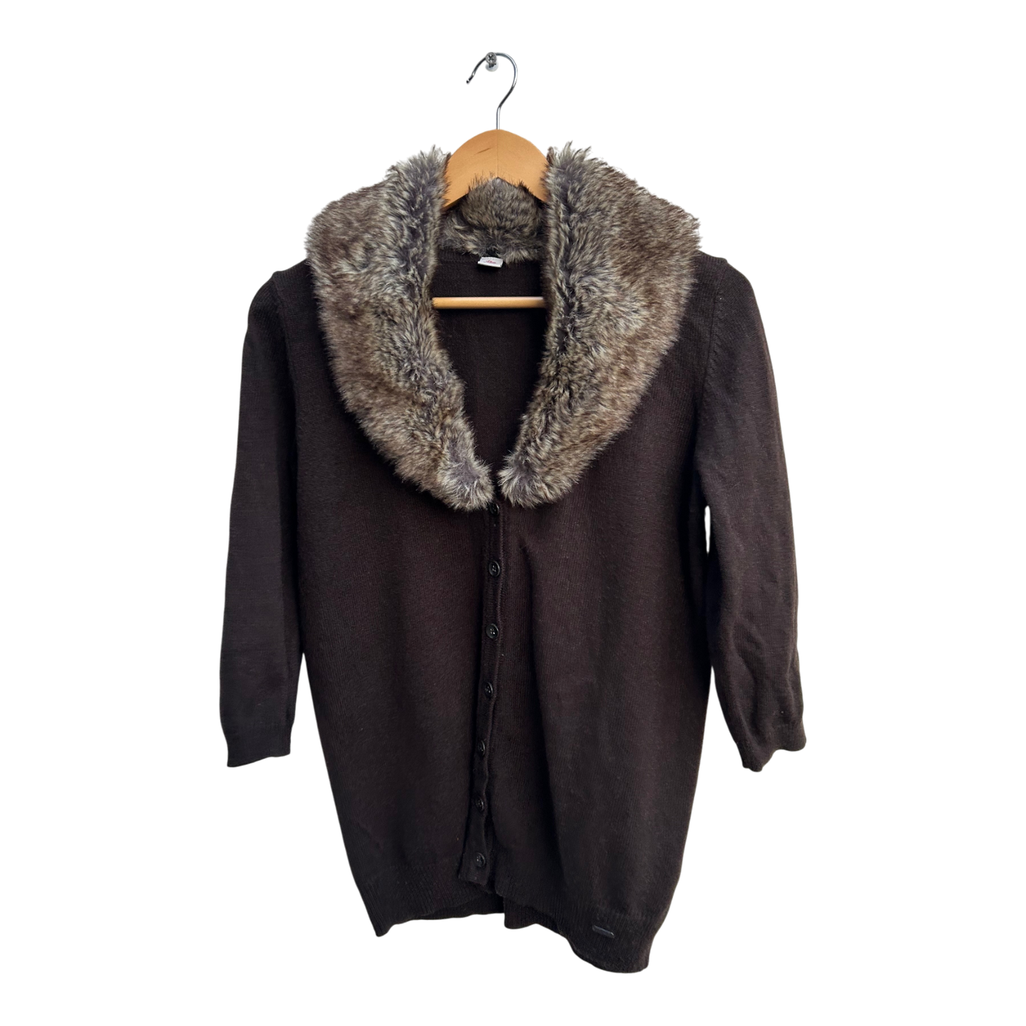 s.Oliver Strickjacke Damen 42 Braun Baumwolle Kunstfell Kragen Abnehmbar Elegant