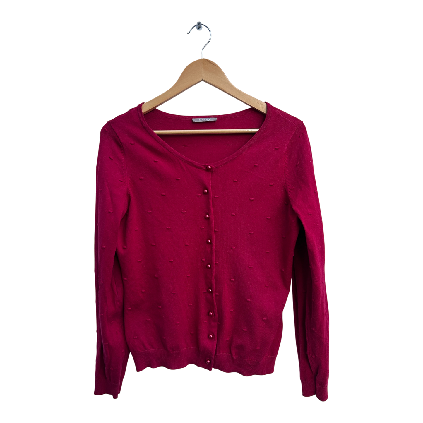 Orsay Strickjacke Damen L Pink Baumwolle Langarm Punkte Muster Perlen Elegant