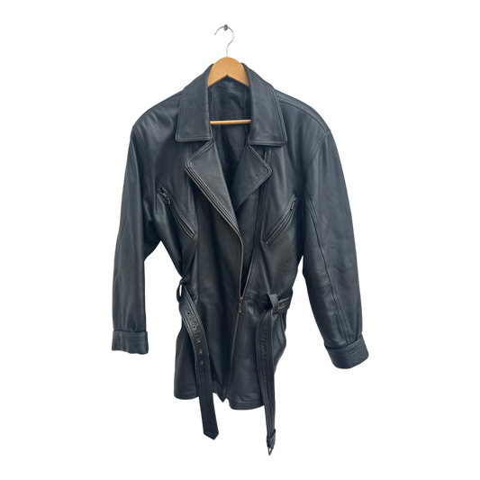 Lederjacke Schwarz Damen Gr 42 C&A Echtleder Bindegürtel Bikerjacke Vintage