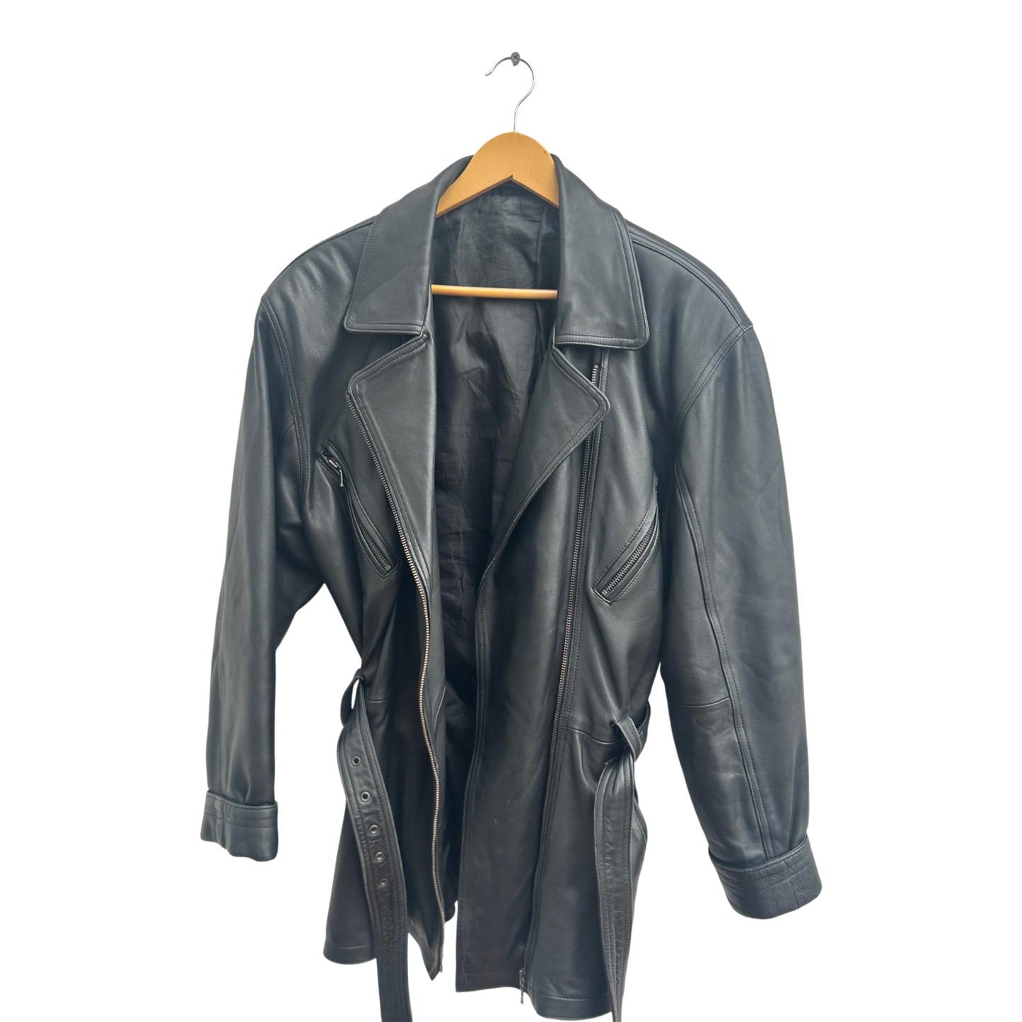 Lederjacke Schwarz Damen Gr 42 C&A Echtleder Bindegürtel Bikerjacke Vintage