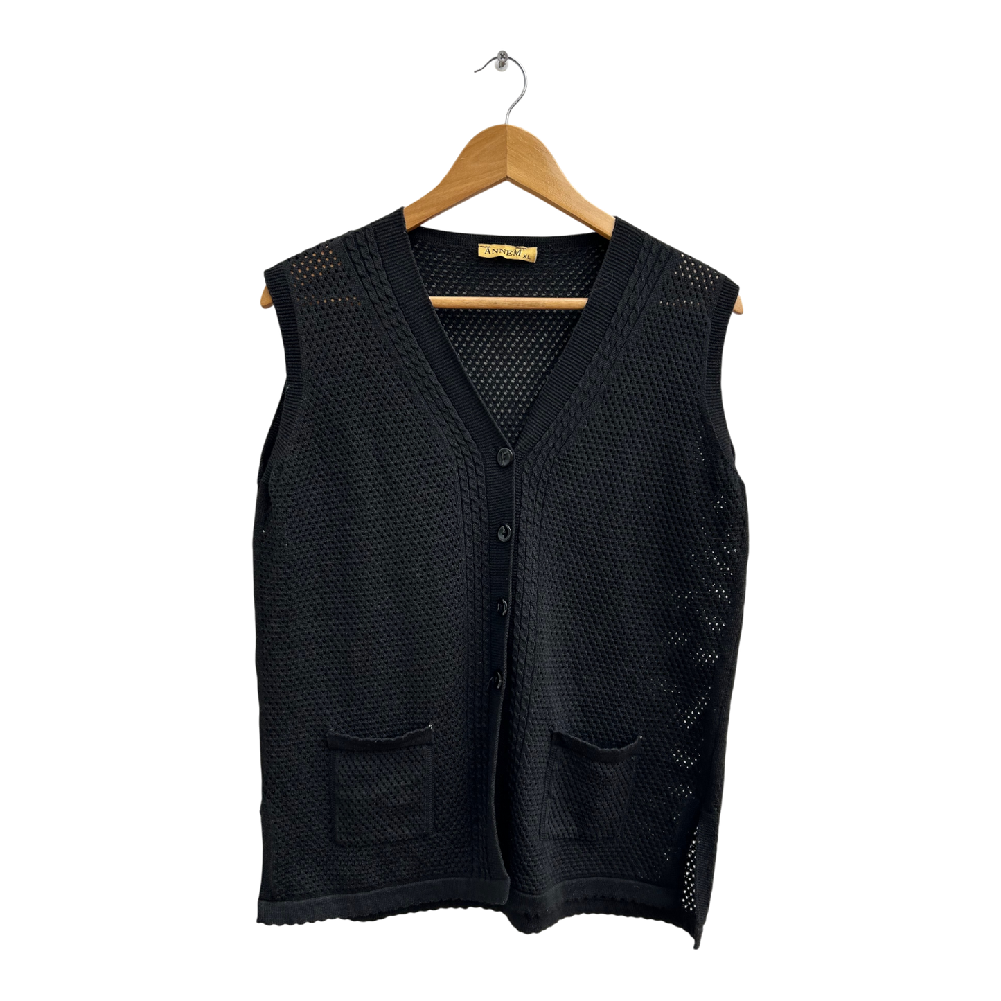 Vintage Anne M Netzweste Damen XL Schwarz 80er Stil Sommer Weste Retro Mesh