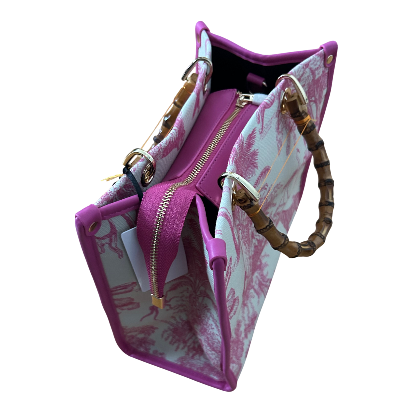 Rive Gauche Tasche Baumwolle Bambusgriffe Fuchsia Weiß Shopper Luxus Neu