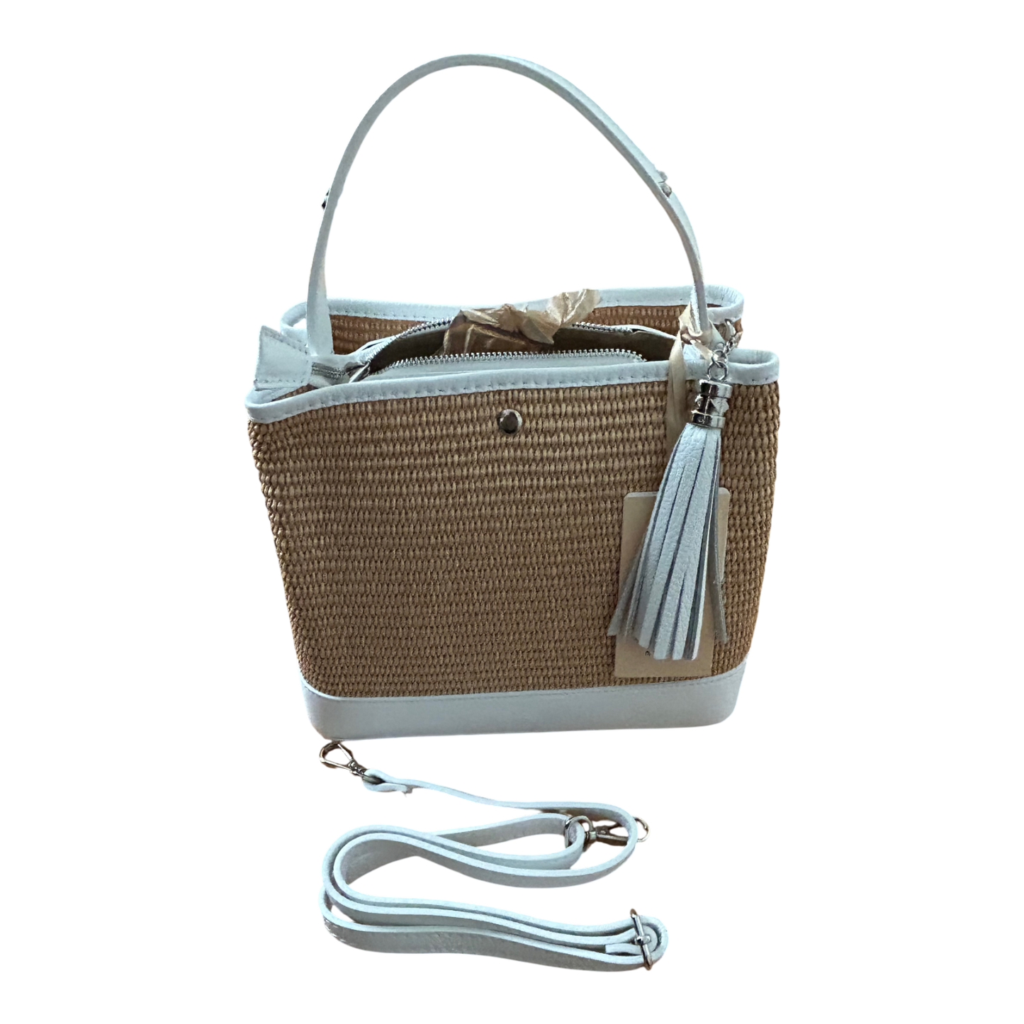 Bucket Bag Weiß Echtleder Raffia Tasche Italien Sommer Handtasche Elegant Neu