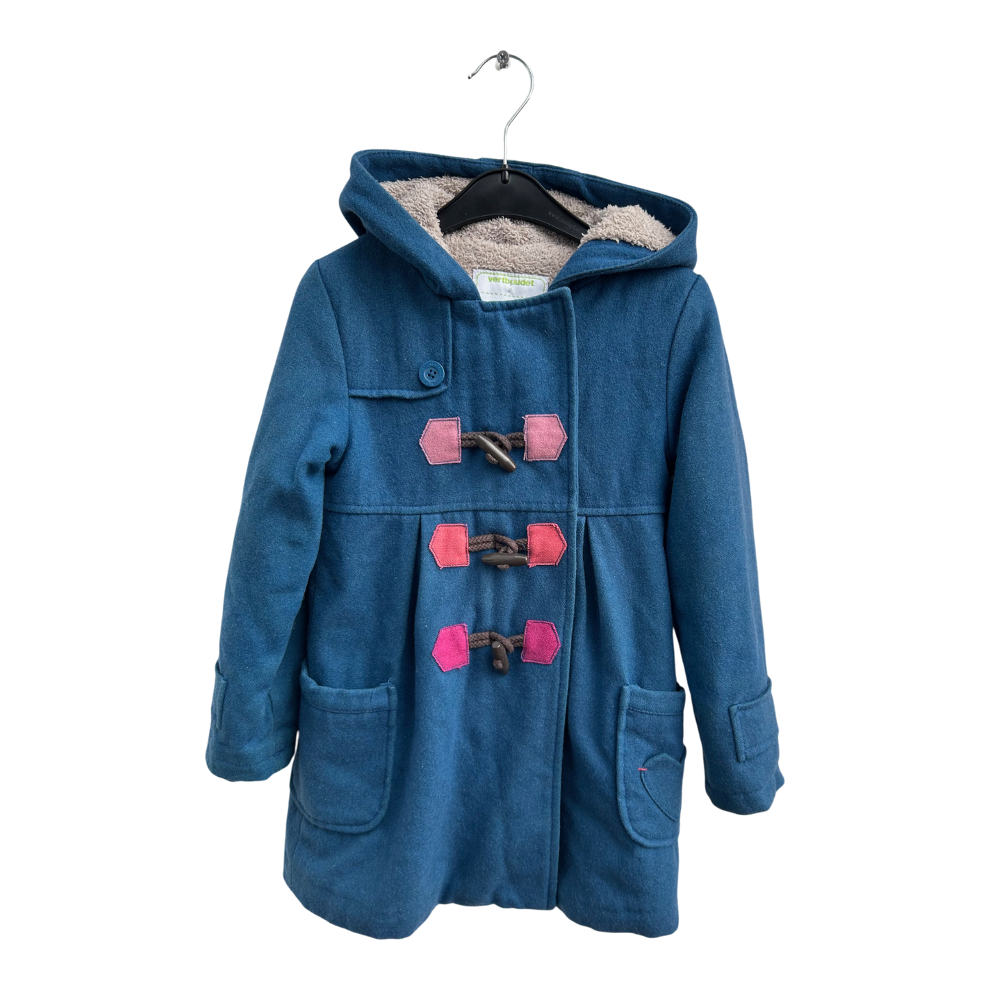 Vertbaudet Wollmantel Kinder Gr 116 Blau Kapuze Dufflecoat Warm Gefüttert Elegant