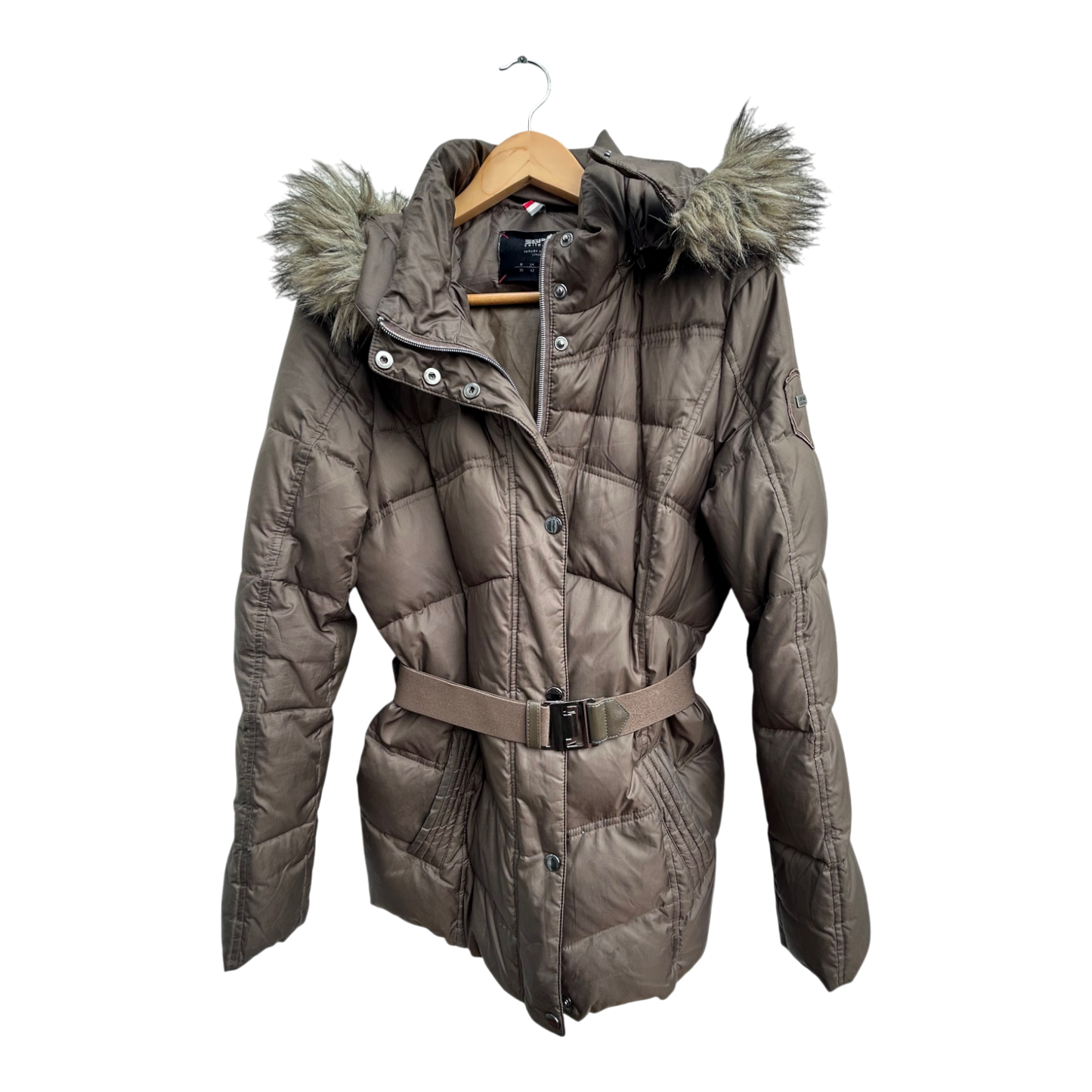 Esprit Daunenjacke Damen Gr 38 Braun Gefüttert Kapuze Fellkragen Tailliert Elegant Warm