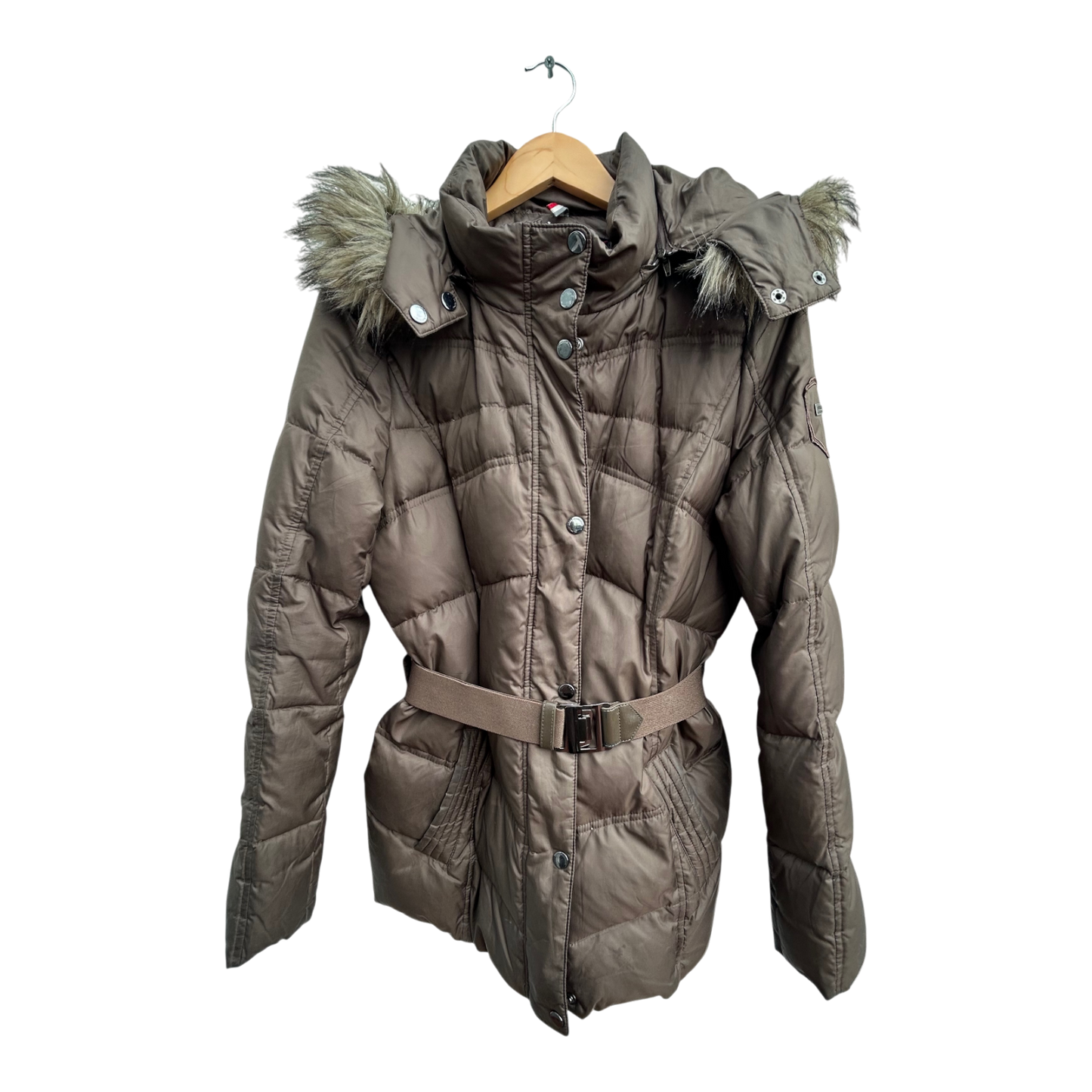 Esprit Daunenjacke Damen Gr 38 Braun Gefüttert Kapuze Fellkragen Tailliert Elegant Warm