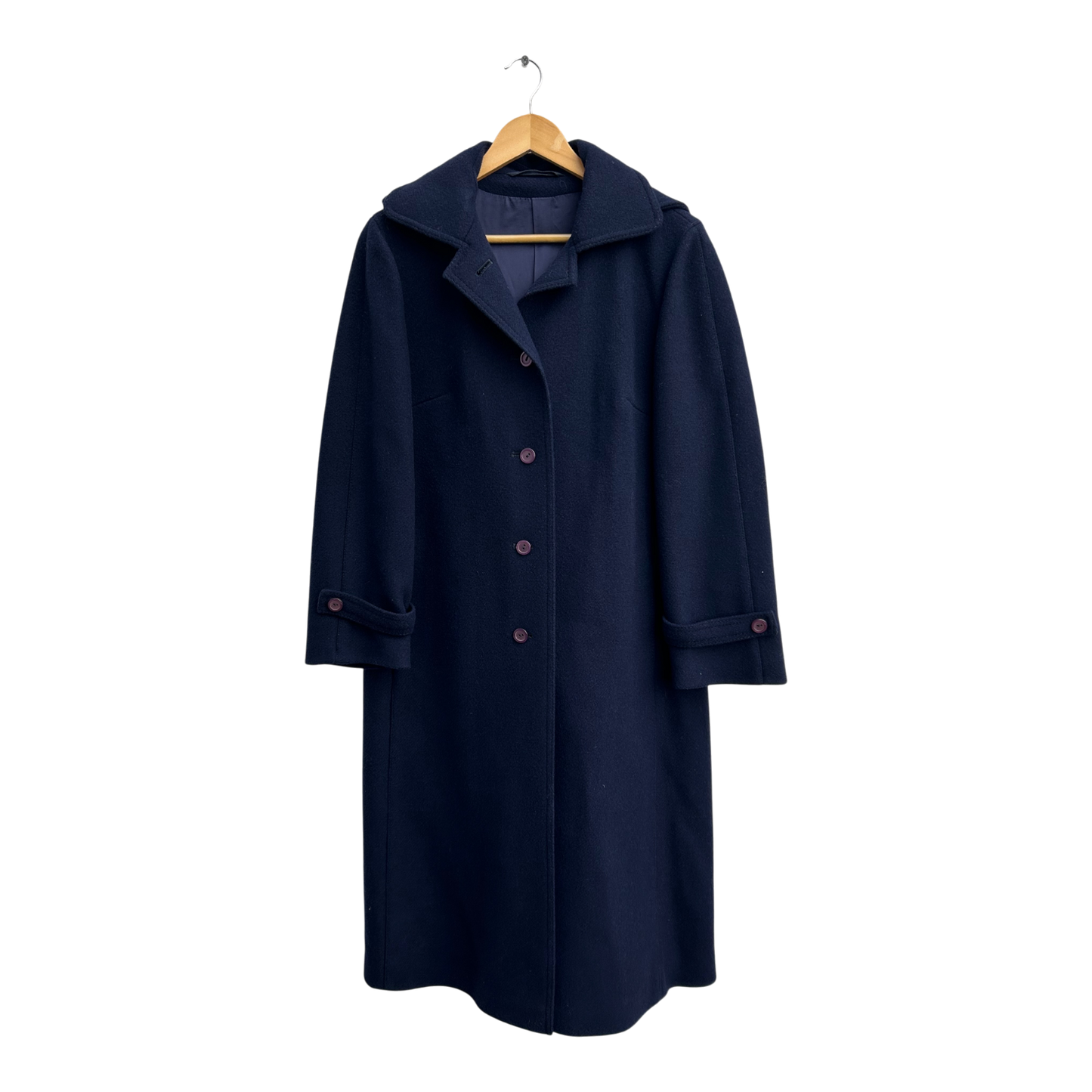 Damen Mantel Dunkelblau Wolle Viskose Gr 38 Schwer Hochwertig Kapuze Elegant Lang