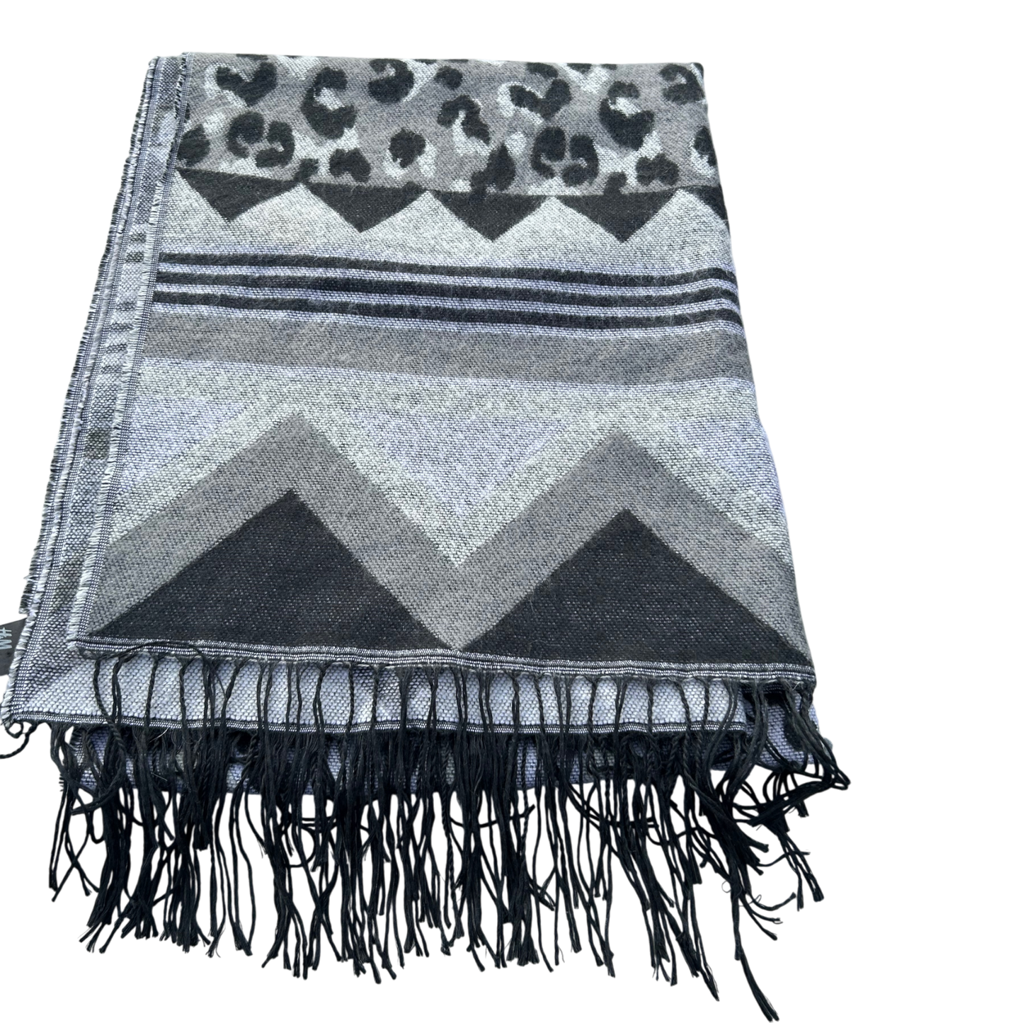 H&M Schal Tuch Grau Schwarz Muster weich Fransen Winter Accessoire warm modern