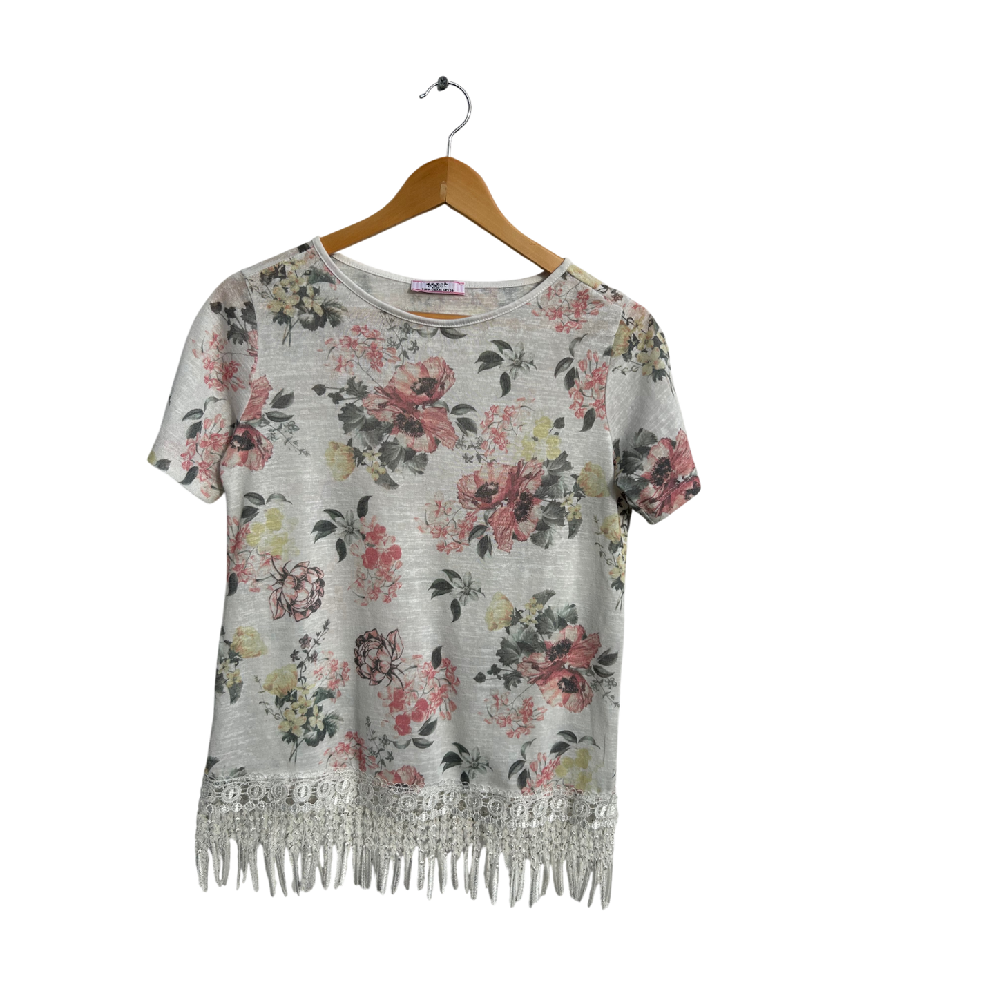 MMS Basic T Shirt Damen Gr M Blumenmuster Weiß Baumwolle Fransen Spitze Sommer