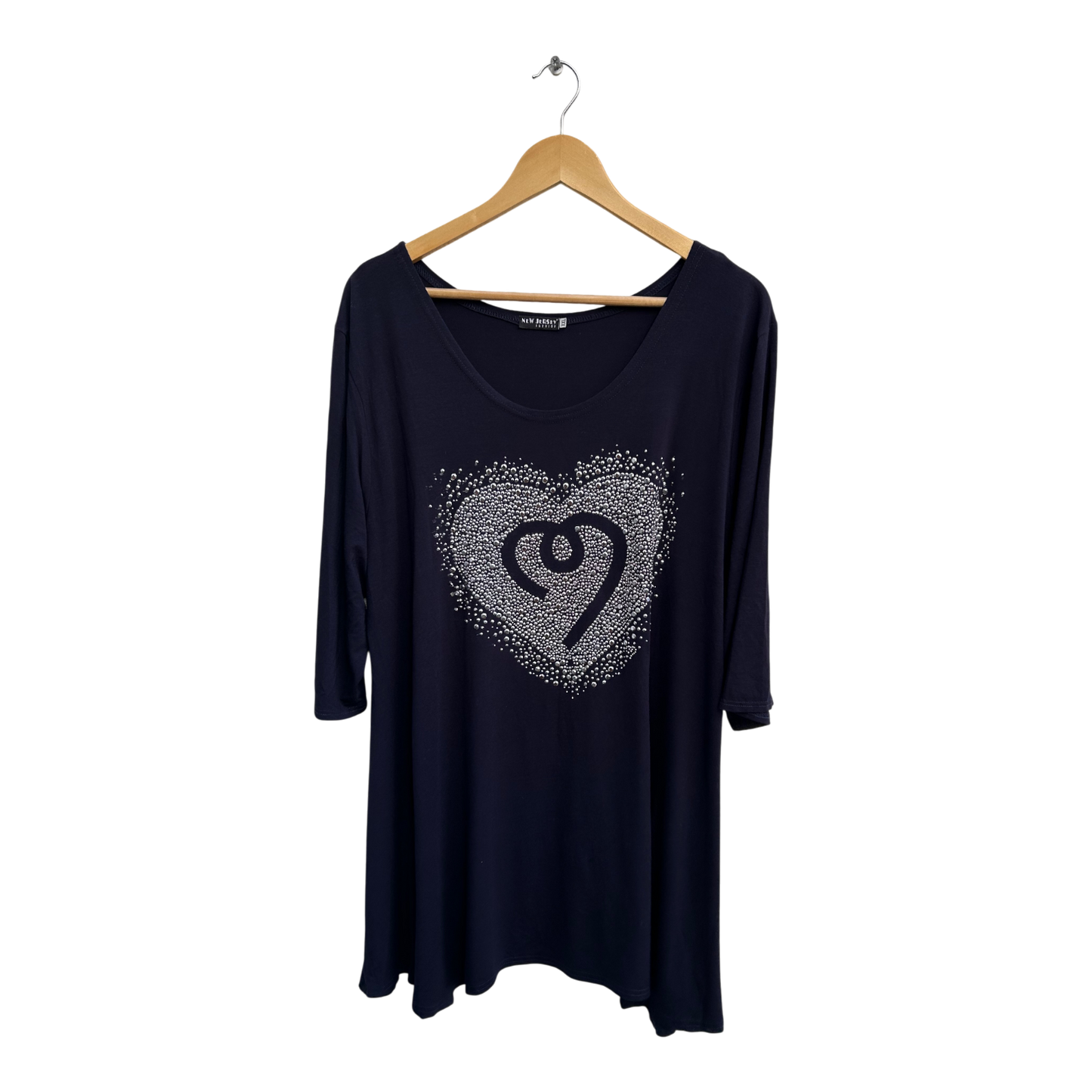 New Jersey Fashion Shirt Damen XXL Dunkelblau Glitzer Herz Nieten Viskose Elegant