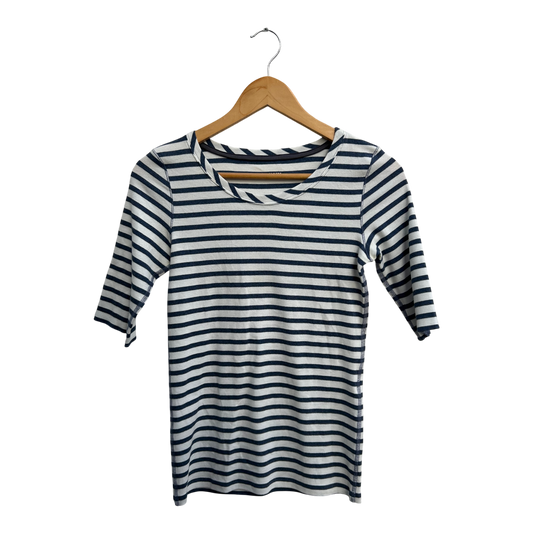 Marc Cain Sports Shirt Damen Gr 38 Weiß Blau Gestreift Baumwollmix Halbarm Stretch