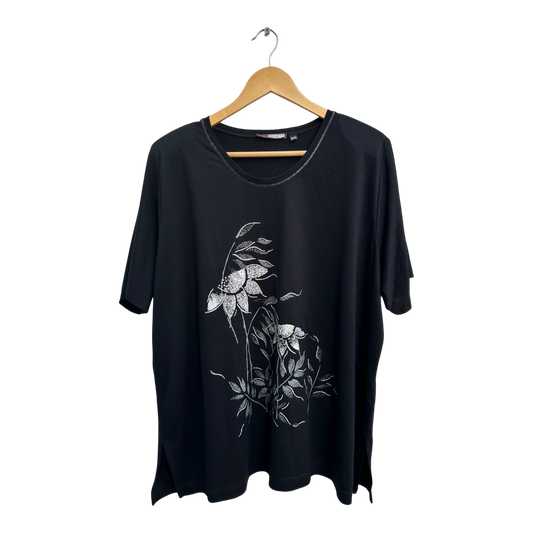 Anna Menotti Shirt Damen Gr 52 54 Schwarz Blumen Glitzer Kurzarm Viskose Elegant