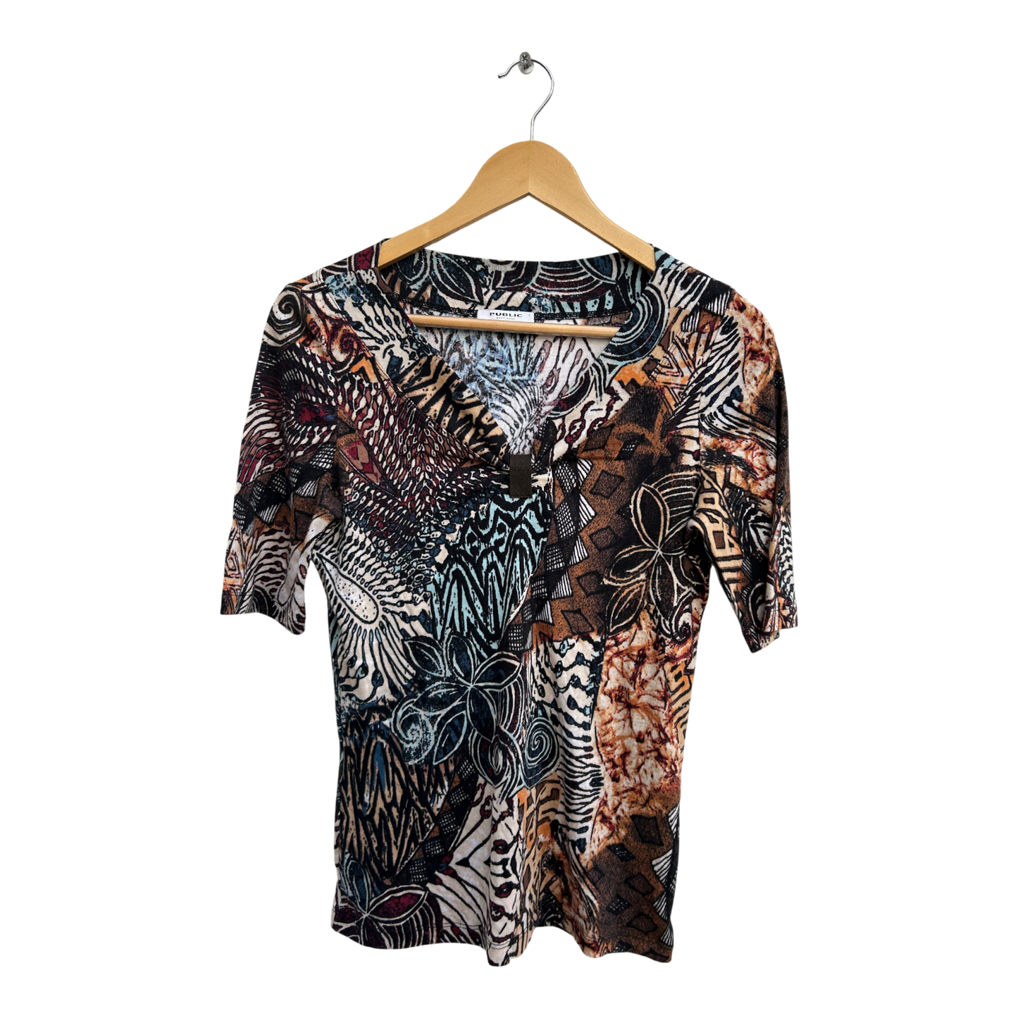 Public Easy Wear Shirt Damen Gr 38 Bunt Baumwolle Kurzarm Ethno Muster Sommer