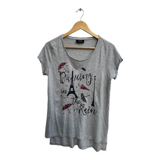 Gina Shirt Damen Gr 44 Grau Kurzarm Pailletten Motiv Paris Viskose Baumwolle