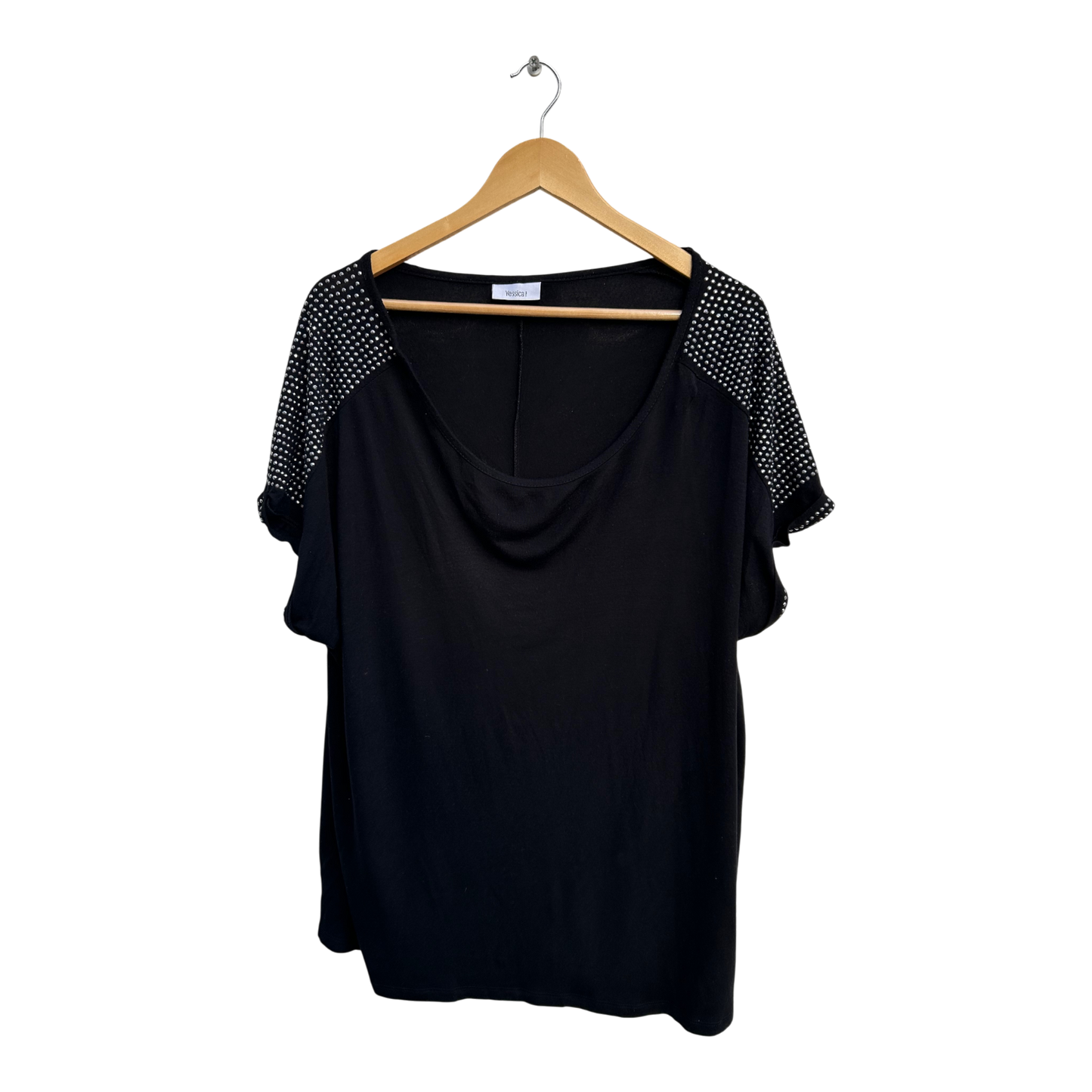 Yessica Shirt Damen Gr 48 Schwarz Nieten Kurzarm Viskose Elastan Elegant Chic