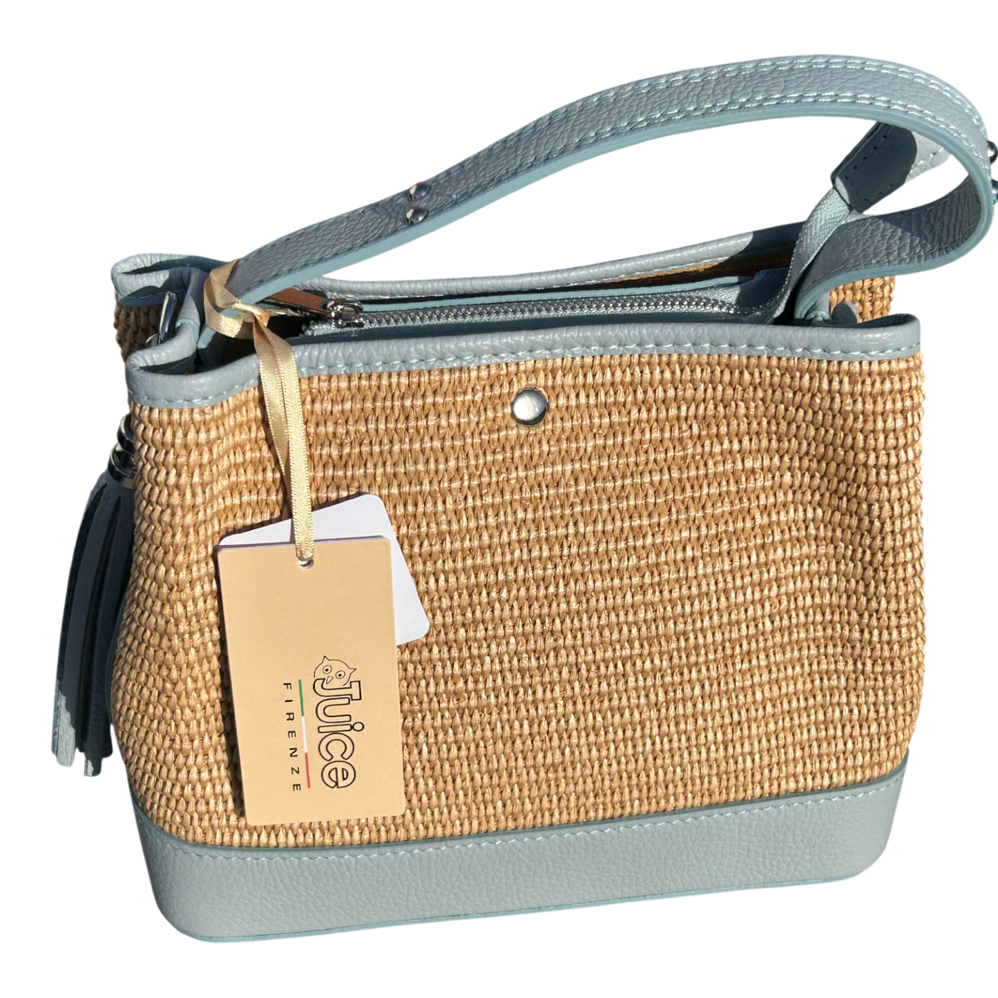 Bucket Bag Hellblau Echtleder Raffia Tasche Italien Sommer Handtasche Elegant Neu