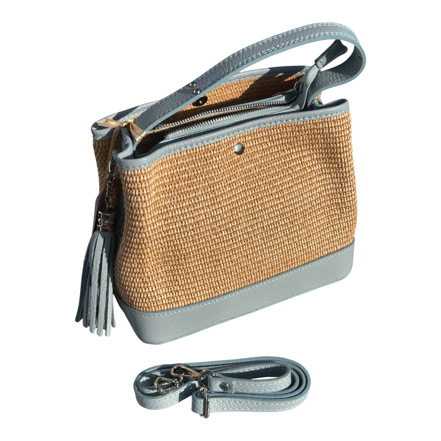 Bucket Bag Hellblau Echtleder Raffia Tasche Italien Sommer Handtasche Elegant Neu