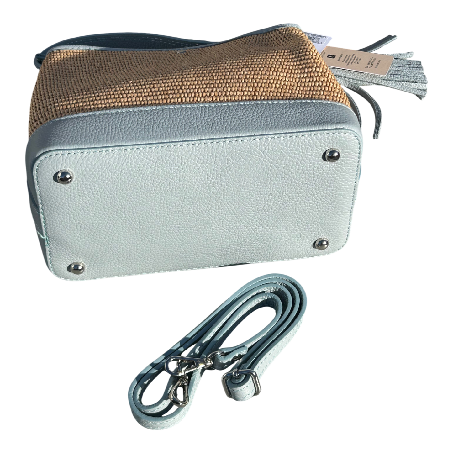 Bucket Bag Hellblau Echtleder Raffia Tasche Italien Sommer Handtasche Elegant Neu