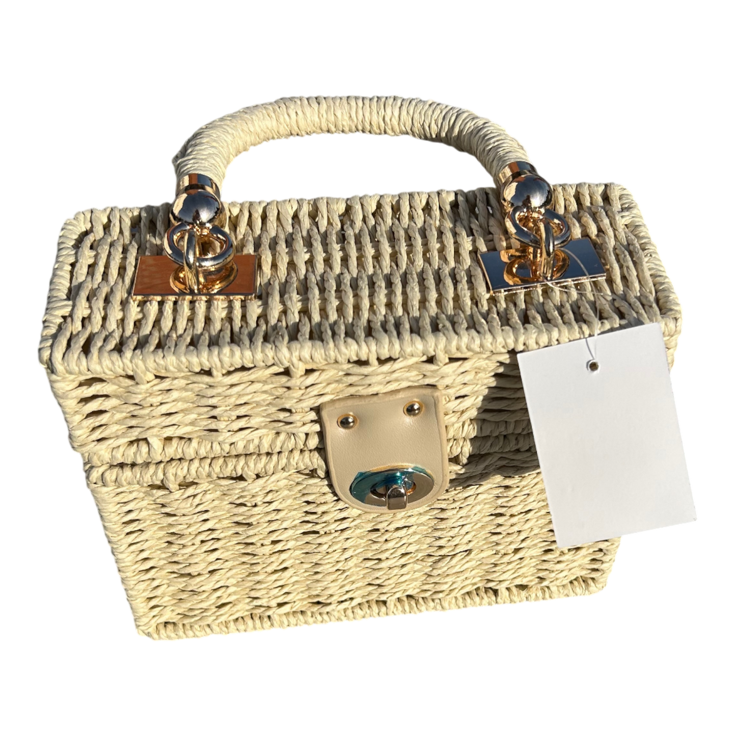 Strohtasche Sand Rechteckig Damen Tasche Sommer Korbtasche Drehverschluss Neu