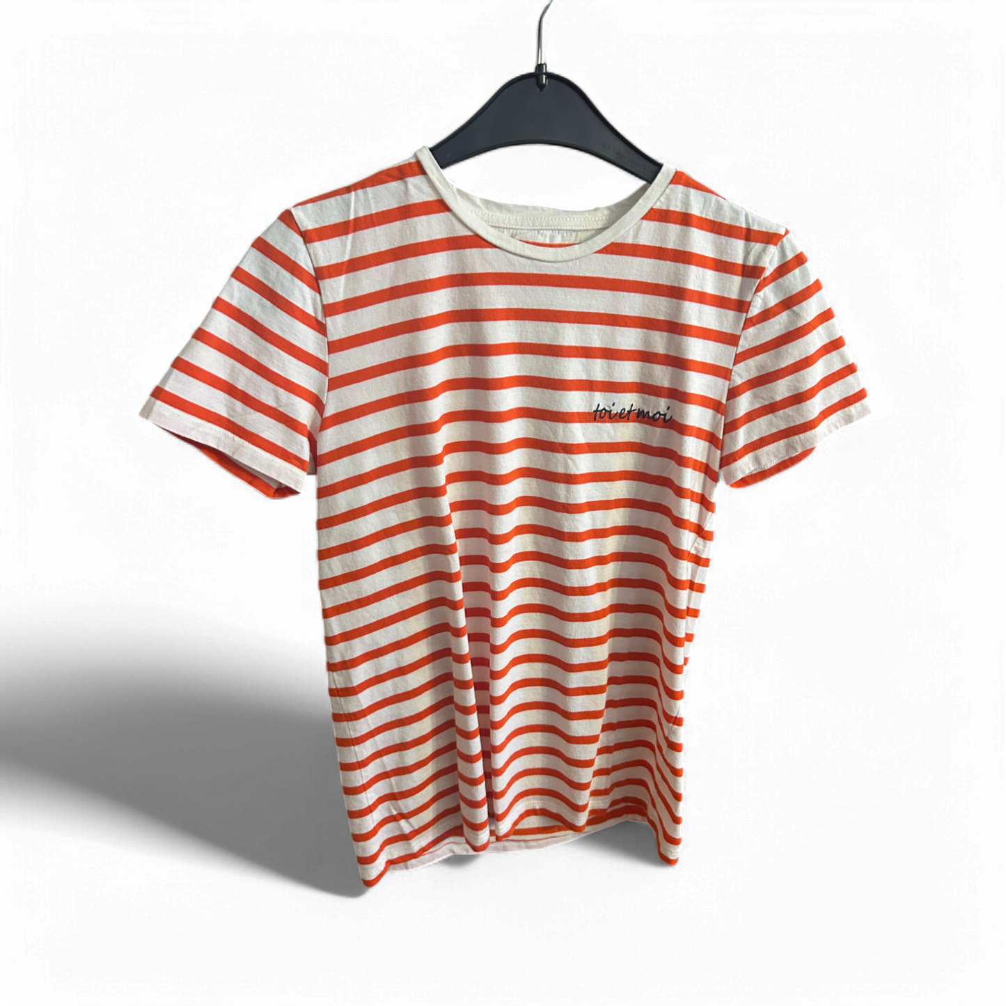 🧡 Cross Jeans T-Shirt M – Streifen & Stickerei "Toi et moi" 🧡