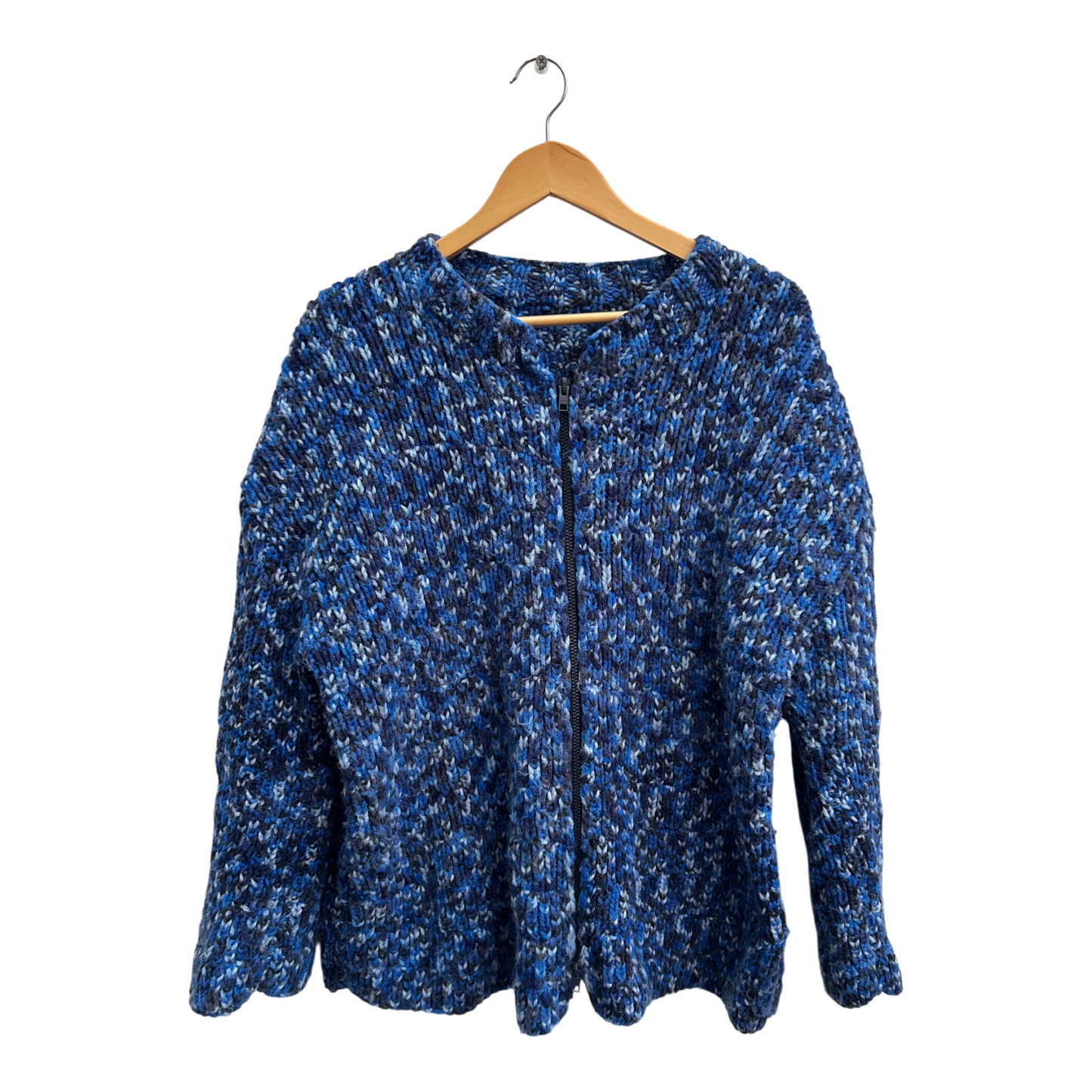 Handgestrickte Strickjacke Damen Blau Meliert Reißverschluss Wollmix Warm Gr 42 44