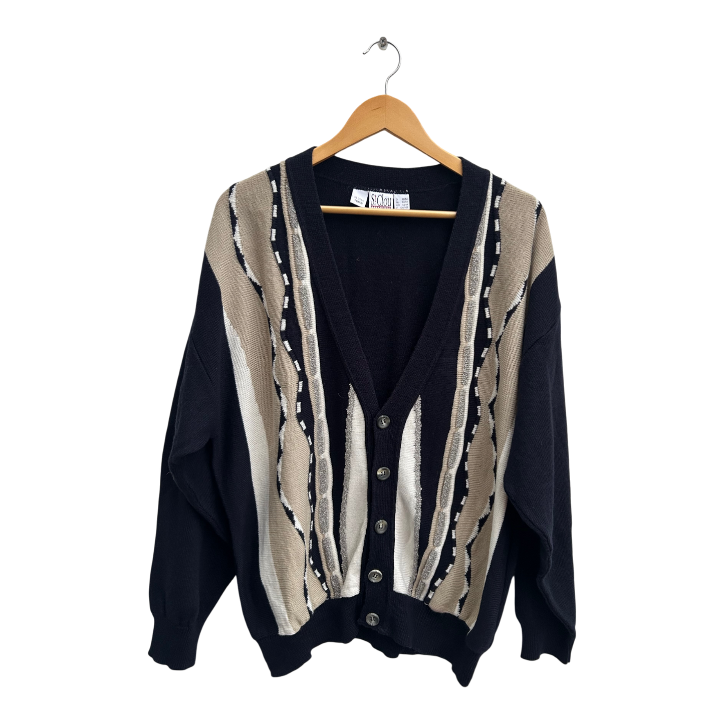 St Clou Strickjacke Herren Gr 52 L Schwarz Beige Vintage Retro Cardigan Wolle Mix