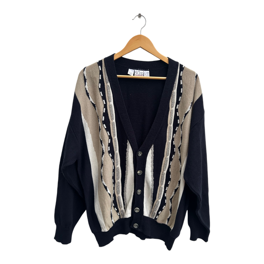 St Clou Strickjacke Herren Gr 52 L Schwarz Beige Vintage Retro Cardigan Wolle Mix