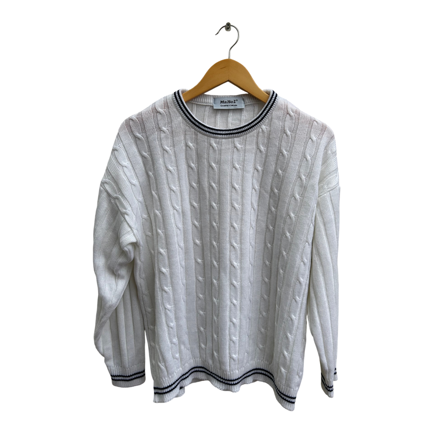 Pullover Herren Gr XL MaHel Weiß Marine Zopfmuster Strick kurz geschnitten klassisch