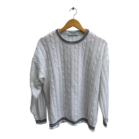 Pullover Herren Gr XL MaHel Weiß Marine Zopfmuster Strick kurz geschnitten klassisch
